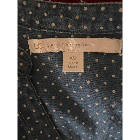 Lauren Conrad Womens XS Blue Chambray Shirt Small White Polka Dots - Picture 4 of 6